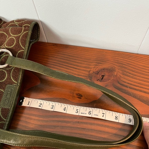 TUMI Wool Leather Trim Tote Shoulder Bag and Wallet Brown Green 13"x9.5" Circles - Picture 12 of 16